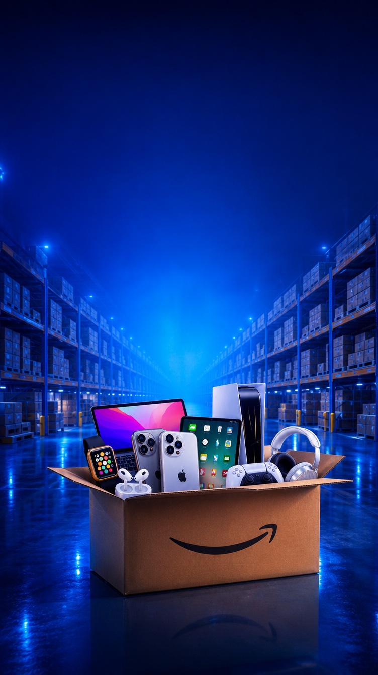 Amazon mystery box overflowing with tech in a warehouse
