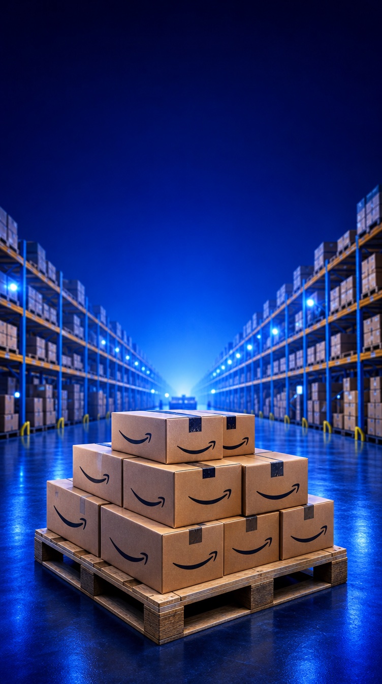 Pallet of Amazon return boxes in a warehouse