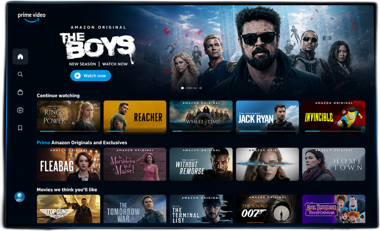 Streaming home screen with movies and series